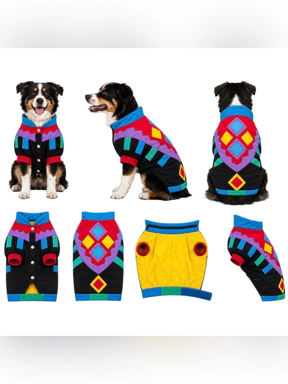 Vtg Pet Puffer Jacket L Dog Ski Coat Hooded 90s Retro Neon Geometric Colorblock